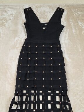 bebe Black Studded Grid Midi Dress